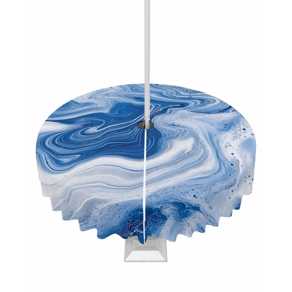 Hokiten Outdoor Tablecloths with Umbrella Hole & Zipper, Marble Blue Round Tablecloths 60 Inch, Ceramic Style Grunge Scratches Watercolor Waterproof Table Cloth, Patio/Pool/Picnic Table Covers