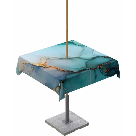 Hokiten Outdoor Tablecloths with Umbrella Hole & Zipper, Marble Turquoise Gold 60x60 Inch Square Tablecloths, Abstract Simple Geometric Waterproof Table Cloth, Patio/Pool/Picnic Table Covers
