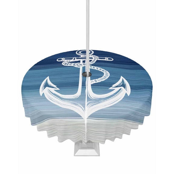 Hokiten Outdoor Tablecloths with Umbrella Hole & Zipper, Nautical Anchor Navy Blue Round Tablecloths 60 Inch, Coastal Ocean Ombre Striped Waterproof Table Cloth, Patio/Pool/Picnic Table Covers