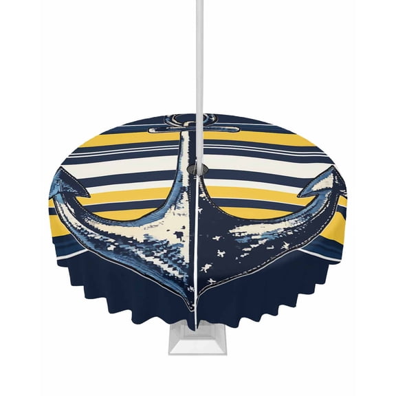 Hokiten Outdoor Tablecloths with Umbrella Hole & Zipper, Nautical Anchor Round Tablecloth 54 Inch, Navy Blue Yellow Striped Farmhouse Ombre Waterproof Table Cloth, Patio/Pool/Picnic Table Covers