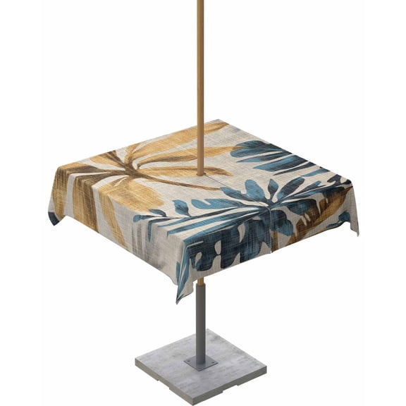 Hokiten Outdoor Tablecloths with Umbrella Hole & Zipper, Navy Blue Brown 54x54 Inch Square Tablecloths, Rustic Tropical Botanical Palm Leaves Waterproof Table Cloth, Patio/Pool/Picnic Table Covers