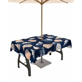 Hokiten Outdoor Tablecloths with Umbrella Hole & Zipper, Navy Blue Coastal Rectangle Tablecloth 60x120 Inch, Shell Conch Nautical Summer Beach Waterproof Table Cloth, Patio/Pool/Picnic Table Covers