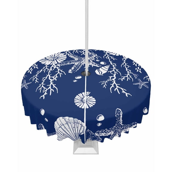 Hokiten Outdoor Tablecloths with Umbrella Hole & Zipper, Navy Blue Coastal Round Tablecloth 54 Inch, Starfish Coral Ocean Conch Sea Nautical Waterproof Table Cloth, Patio/Pool/Picnic Table Covers