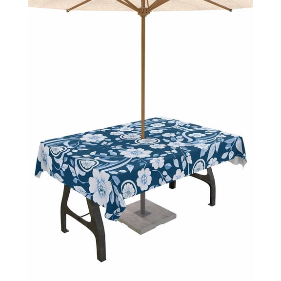 Hokiten Outdoor Tablecloths with Umbrella Hole & Zipper, Navy Blue Floral Rectangle Tablecloth 52x70 Inch, Vintage Pastoral Botanical Leaves Waterproof Table Cloth, Patio/Pool/Picnic Table Covers