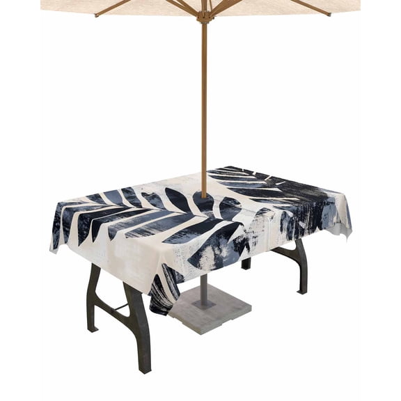 Hokiten Outdoor Tablecloths with Umbrella Hole & Zipper, Navy Blue Palm Leaf Rectangle Tablecloth 60x120 Inch, Tropical Botanical Vintage Leaves Waterproof Table Cloth, Patio/Pool Table Covers