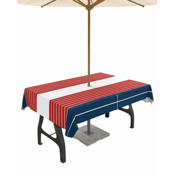 Hokiten Outdoor Tablecloths with Umbrella Hole & Zipper, Navy Blue Red Stripe Tablecloth Rectangle 60x84 Inch, Modern Art Horizontal Striped Waterproof Table Cloth, Patio/Pool/Picnic Table Covers