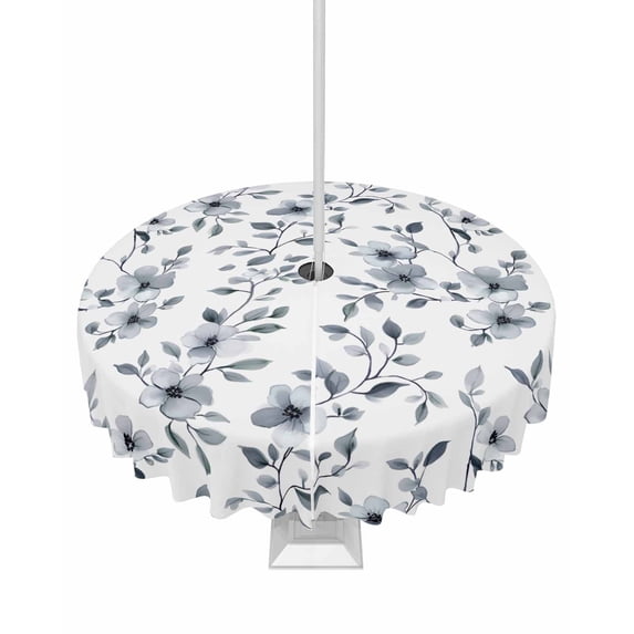 Hokiten Outdoor Tablecloths with Umbrella Hole & Zipper, Navy Blue Spring Floral Round Tablecloths 60 Inch, Summer Botanical Pastoral Watercolor Waterproof Table Cloth, Patio/Pool Table Covers