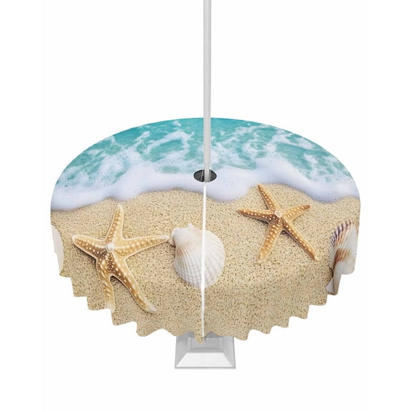 Hokiten Outdoor Tablecloths with Umbrella Hole & Zipper, Ocean Beach Round Tablecloth 54 Inch, Starfish Shell Sand Coastal Summer Blue Brown Waterproof Table Cloth, Patio/Pool/Picnic Table Covers