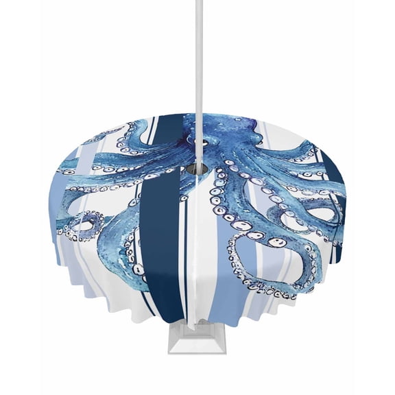 Hokiten Outdoor Tablecloths with Umbrella Hole & Zipper, Ocean Octopus Round Tablecloth 54 Inch, Watercolor Navy Blue Aqua Stripe Modern Waterproof Table Cloth, Patio/Pool/Picnic Table Covers