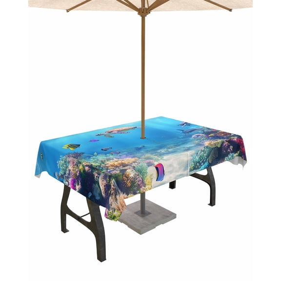Hokiten Outdoor Tablecloths with Umbrella Hole & Zipper, Ocean Turtle 54x80 Inch Tablecloth Rectangle, Blue Beach Summer Dolphin Whale Coral Fish Waterproof Table Cloth, Patio/Pool Table Covers