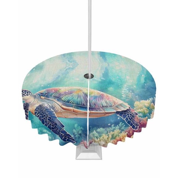 Hokiten Outdoor Tablecloths with Umbrella Hole & Zipper, Ocean Turtle Round Tablecloth 54 Inch, Coastal Coral Colorful Coral Watercoloor Waterproof Table Cloth, Patio/Pool/Picnic Table Covers