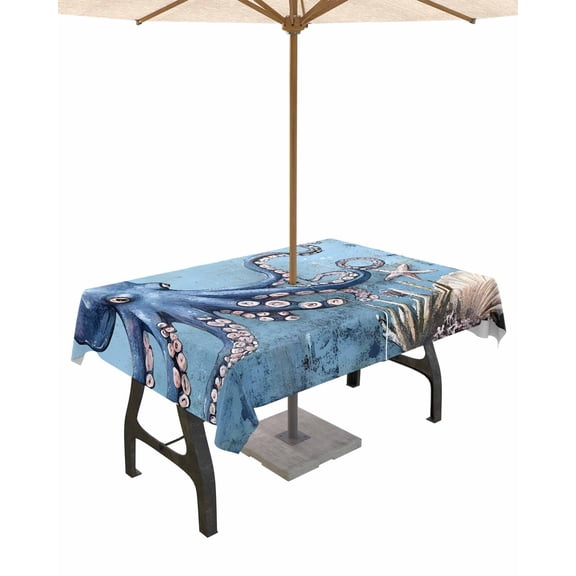 Hokiten Outdoor Tablecloths with Umbrella Hole & Zipper, Octopus Rectangle Tablecloth 60x120 Inch, Blue Ocean Coastal Starfish Shell Coral Retro Waterproof Table Cloth, Patio/Pool Table Covers