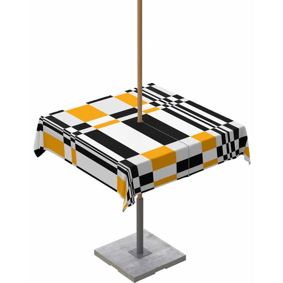 Hokiten Outdoor Tablecloths with Umbrella Hole & Zipper, Orange Black Geometric 54x54 Inch Square Tablecloths, Abstract Art Modern Check Plaid Waterproof Table Cloth, Patio/Pool/Picnic Table Covers