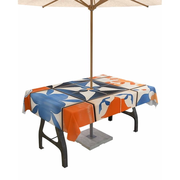 Hokiten Outdoor Tablecloths with Umbrella Hole & Zipper, Orange Blue Rectangle Tablecloth 52x70 Inch, Boho Petals Flower Geometric Abstract Waterproof Table Cloth, Patio/Pool/Picnic Table Covers