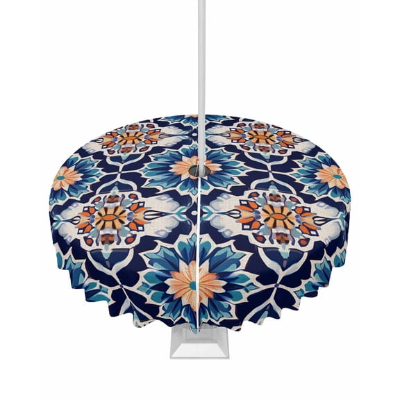 Hokiten Outdoor Tablecloths with Umbrella Hole & Zipper, Orange Blue Round Tablecloth 54 Inch, Morocco Boho Abstract Floral Ethnic Tribal Waterproof Table Cloth, Patio/Pool/Picnic Table Covers