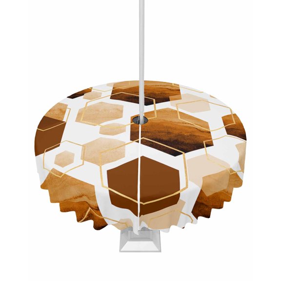 Hokiten Outdoor Tablecloths with Umbrella Hole & Zipper, Orange Geometric Round Tablecloth 54 Inch, Gold White Hexagon Modern Waterproof Table Cloth, Patio/Pool/Picnic Table Covers