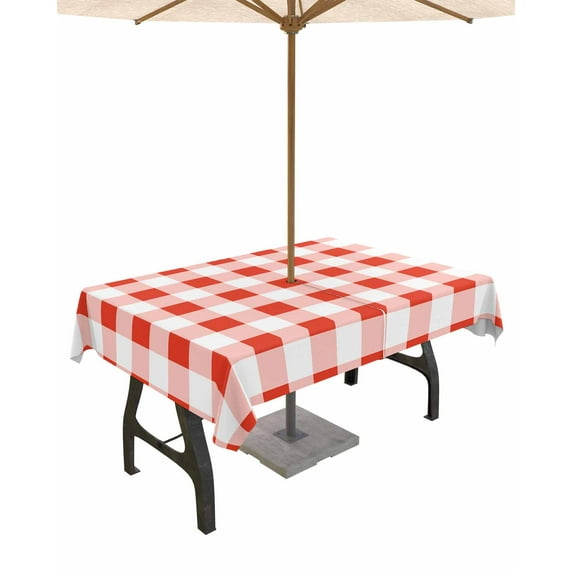 Hokiten Outdoor Tablecloths with Umbrella Hole & Zipper, Orange Red Checkered Rectangle Tablecloth 60x120 Inch, Farmhouse Buffalo Plaid Waterproof Table Cloth, Patio/Pool/Picnic Table Covers