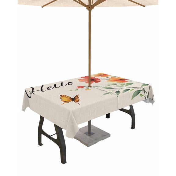 Hokiten Outdoor Tablecloths with Umbrella Hole & Zipper, Orange Red Floral 54x80 Inch Tablecloth Rectangle, Vintage Pastoral Botanical Butterfly Waterproof Table Cloth, Patio/Pool Table Covers