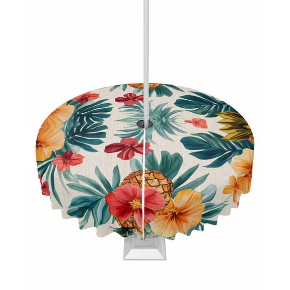 Hokiten Outdoor Tablecloths with Umbrella Hole & Zipper, Palm Tree Pineapple Round Tablecloths 60 Inch, Red Orange Floral Summer Waterproof Table Cloth, Patio/Pool/Picnic Table Covers