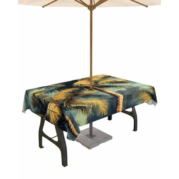 Hokiten Outdoor Tablecloths with Umbrella Hole & Zipper, Palm Tree Rectangle Tablecloth 52x70 Inch, Retro Summer Botanical Tropical Plant Leaves Waterproof Table Cloth, Patio/Pool Table Covers