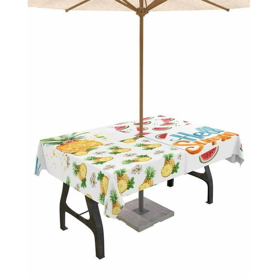 Hokiten Outdoor Tablecloths with Umbrella Hole & Zipper, Pineapple Watermelon Rectangle Tablecloth 60x120 Inch, Summer Modern Fruit Watercolor Waterproof Table Cloth, Patio/Pool/Picnic Table Covers