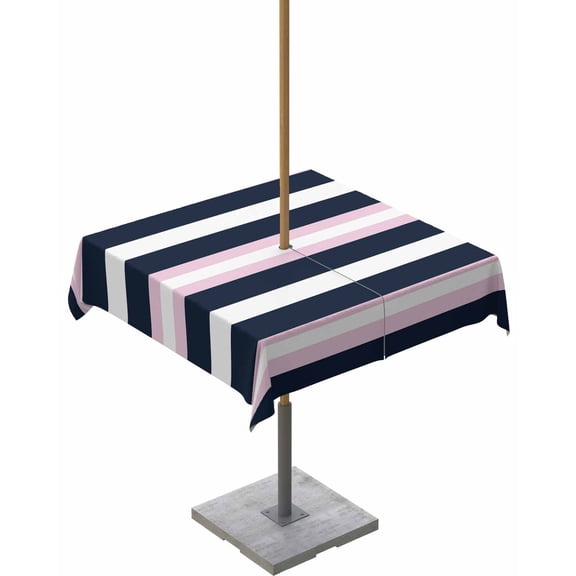 Hokiten Outdoor Tablecloths with Umbrella Hole & Zipper, Pink Navy Blue Striped 60x60 Inch Square Tablecloths, Minimalist Abstract Lines Artwork Waterproof Table Cloth, Patio/Pool Table Covers