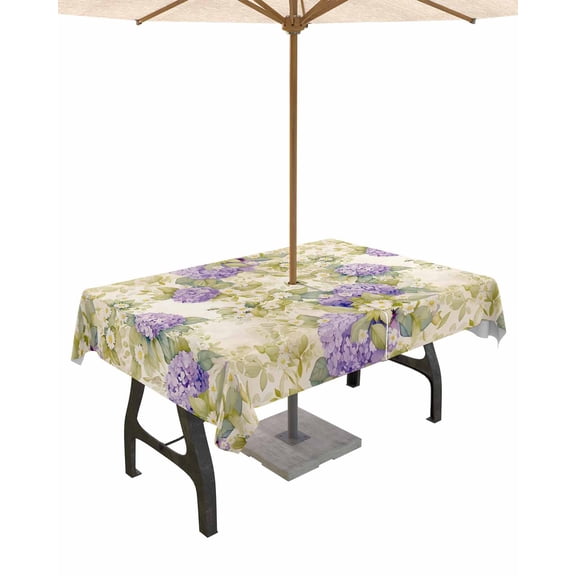 Hokiten Outdoor Tablecloths with Umbrella Hole & Zipper, Purple Flower Rectangle Tablecloth 52x70 Inch, Watercolor White Daisy Country Botanical Waterproof Table Cloth, Patio/Pool Table Covers
