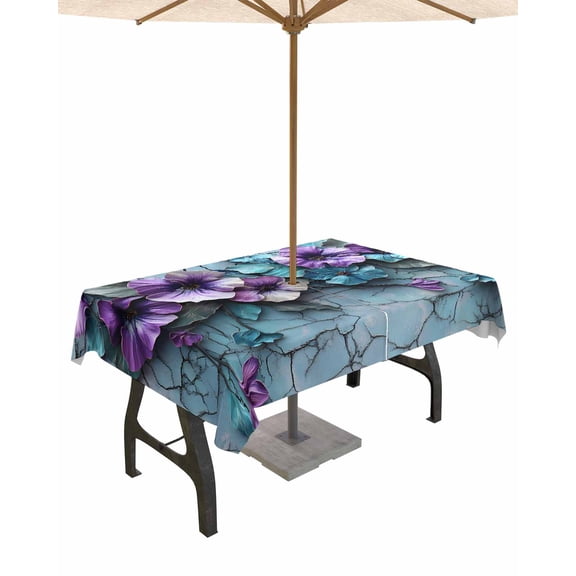 Hokiten Outdoor Tablecloths with Umbrella Hole & Zipper, Purple Flower Spring Rectangle Tablecloth 60x120 Inch, Blue Vintage Mottled Walls Retro Waterproof Table Cloth, Patio/Pool Table Covers