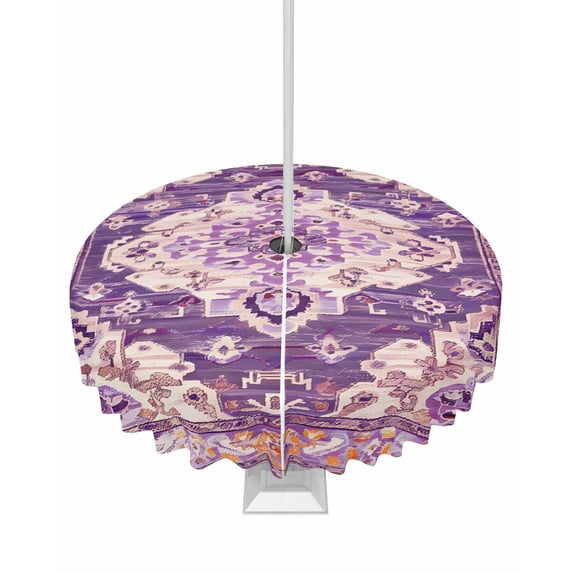 Hokiten Outdoor Tablecloths with Umbrella Hole & Zipper, Purple Orange Boho Round Tablecloth 54 Inch, Ethnic Geometric Middle Century Art Waterproof Table Cloth, Patio/Pool/Picnic Table Covers