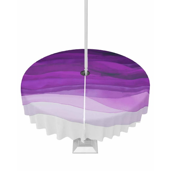 Hokiten Outdoor Tablecloths with Umbrella Hole & Zipper, Purple Waves Round Tablecloth 54 Inch, Ombre Coastal Ocean Water Abstract Waterproof Table Cloth, Patio/Pool/Picnic Table Covers