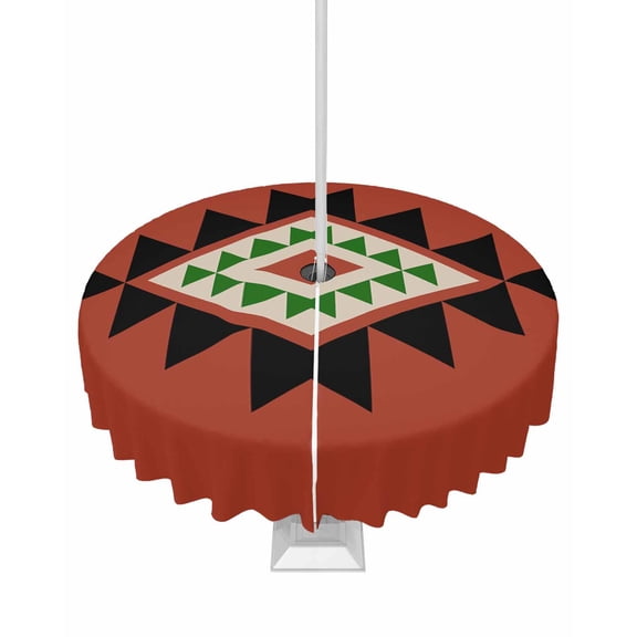 Hokiten Outdoor Tablecloths with Umbrella Hole & Zipper, Red Black Green Boho Round Tablecloth 54 Inch, Farmhouse Vintage Abstract Geometric Waterproof Table Cloth, Patio/Pool/Picnic Table Covers