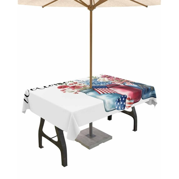 Hokiten Outdoor Tablecloths with Umbrella Hole & Zipper, Red Blue 4th of July 54x80 Inch Tablecloth Rectangle, Botanical Independence Day Welcome Waterproof Table Cloth, Patio/Pool Table Covers