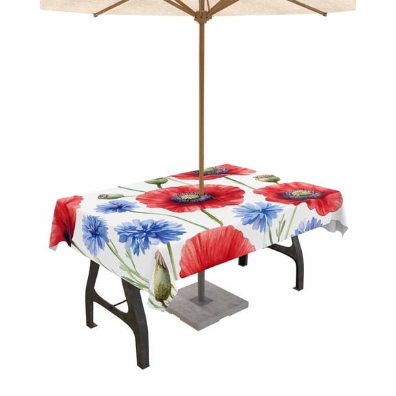 Hokiten Outdoor Tablecloths with Umbrella Hole & Zipper, Red Poppy Flower 54x80 Inch Tablecloth Rectangle, Blue Watercolor Budding Floral Summer Waterproof Table Cloth, Patio/Pool Table Covers