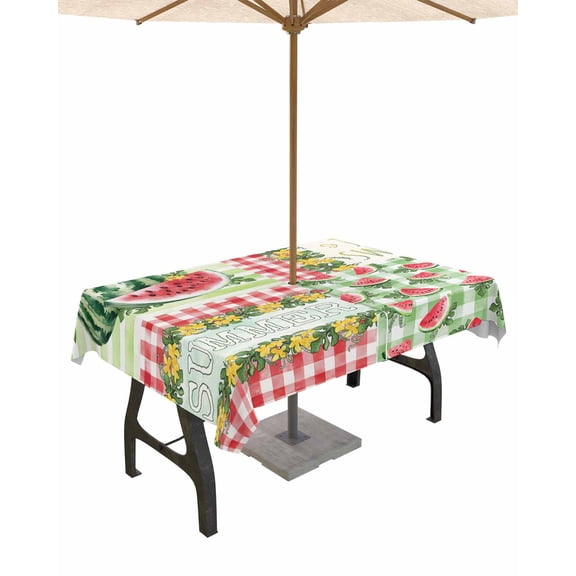 Hokiten Outdoor Tablecloths with Umbrella Hole & Zipper, Red Watermelon Rectangle Tablecloth 52x70 Inch, Summer Green Leaves Floral Retro Country Waterproof Table Cloth, Patio/Pool Table Covers
