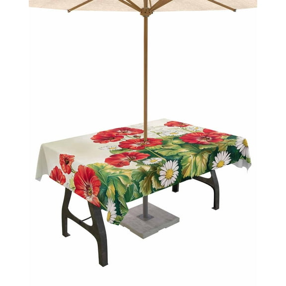 Hokiten Outdoor Tablecloths with Umbrella Hole & Zipper, Red White Floral Rectangle Tablecloth 52x70 Inch, Daisy Green Botanical Leaves Waterproof Table Cloth, Patio/Pool/Picnic Table Covers