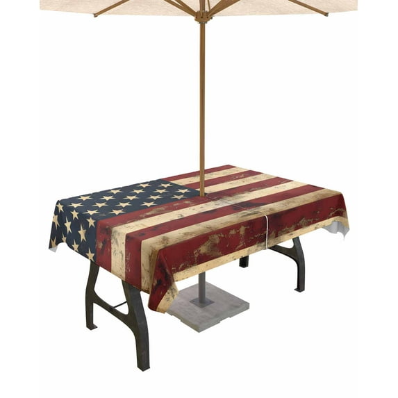 Hokiten Outdoor Tablecloths with Umbrella Hole & Zipper, Retro American Flag 54x80 Inch Tablecloth Rectangle, Vintage Shabby US Flag Waterproof Table Cloth, Patio/Pool/Picnic Table Covers