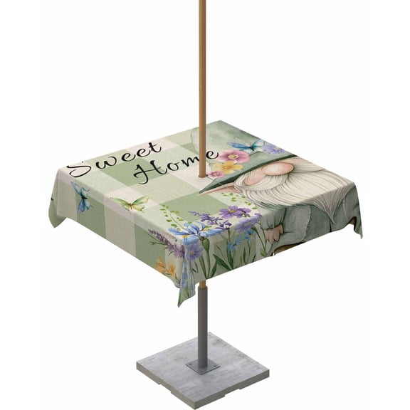 Hokiten Outdoor Tablecloths with Umbrella Hole & Zipper, Rustic Gnome 54x54 Inch Square Tablecloths, Spring Flowers Butterfly Green Check Waterproof Table Cloth, Patio/Pool/Picnic Table Covers