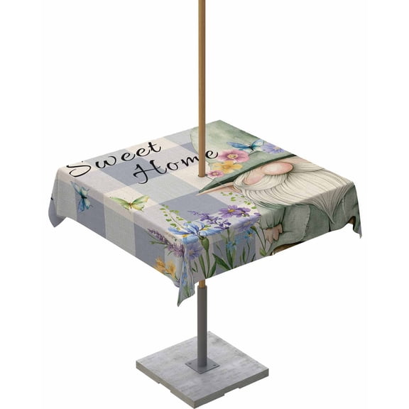 Hokiten Outdoor Tablecloths with Umbrella Hole & Zipper, Rustic Gnome 54x54 Inch Square Tablecloths, Spring Flowers Butterfly Purple Check Waterproof Table Cloth, Patio/Pool/Picnic Table Covers