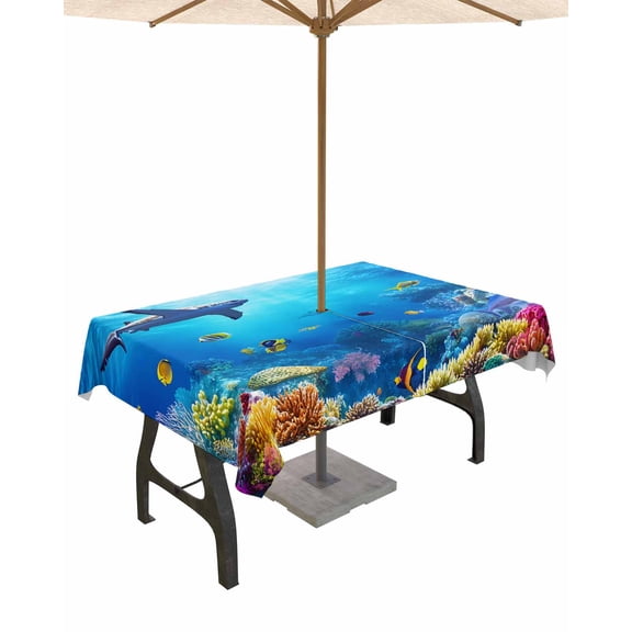 Hokiten Outdoor Tablecloths with Umbrella Hole & Zipper, Shark Rectangle Tablecloth 52x70 Inch, Blue Ocean Underwater Animal Coral Tropical Fish Waterproof Table Cloth, Patio/Pool Table Covers