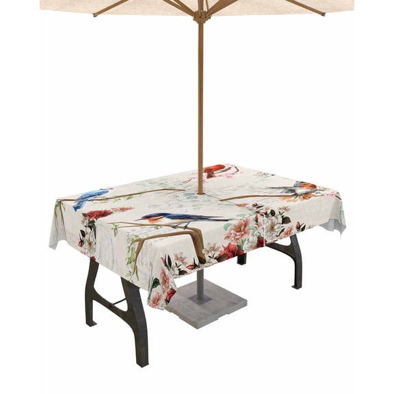 Hokiten Outdoor Tablecloths with Umbrella Hole & Zipper, Spring Birds Floral Rectangle Tablecloth 52x70 Inch, Farmhouse Botanical Burlap Waterproof Table Cloth, Patio/Pool/Picnic Table Covers