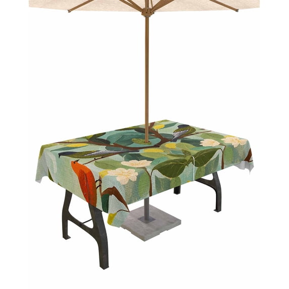 Hokiten Outdoor Tablecloths with Umbrella Hole & Zipper, Spring Birds Leaves Rectangle Tablecloth 60x120 Inch, Summer Pastoral Botanical Waterproof Table Cloth, Patio/Pool/Picnic Table Covers