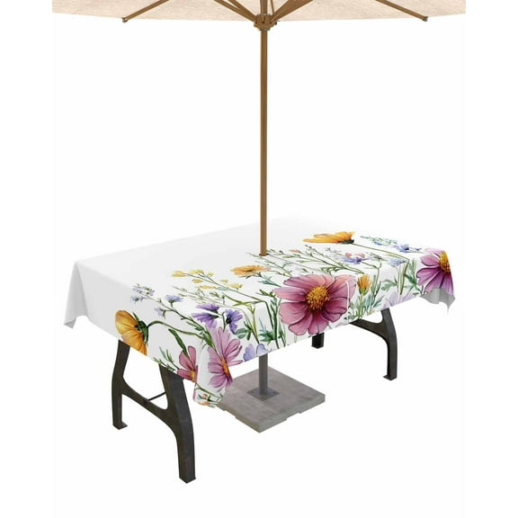 Hokiten Outdoor Tablecloths with Umbrella Hole & Zipper, Spring Floral Rectangle Tablecloth 60x120 Inch, Yellow Pink Pastoral Flowers Watercolor Waterproof Table Cloth, Patio/Pool Table Covers