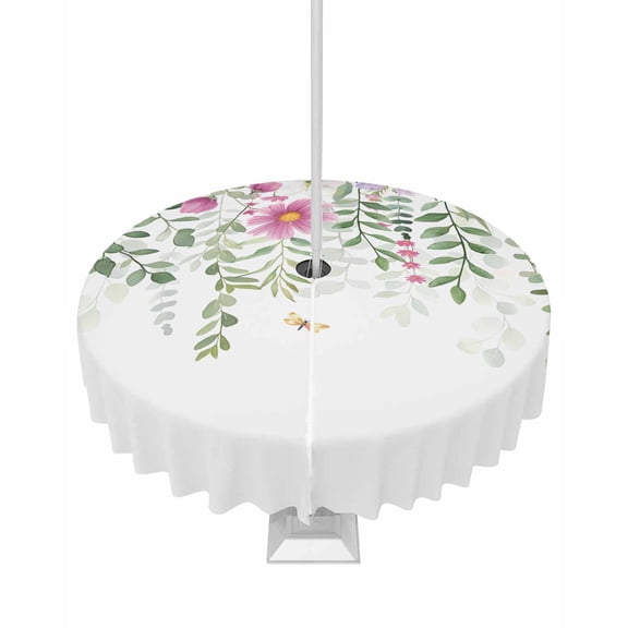 Hokiten Outdoor Tablecloths with Umbrella Hole & Zipper, Spring Flowers Round Tablecloth 54 Inch, Colorful Botanical Floral Leaves Vines Waterproof Table Cloth, Patio/Pool/Picnic Table Covers