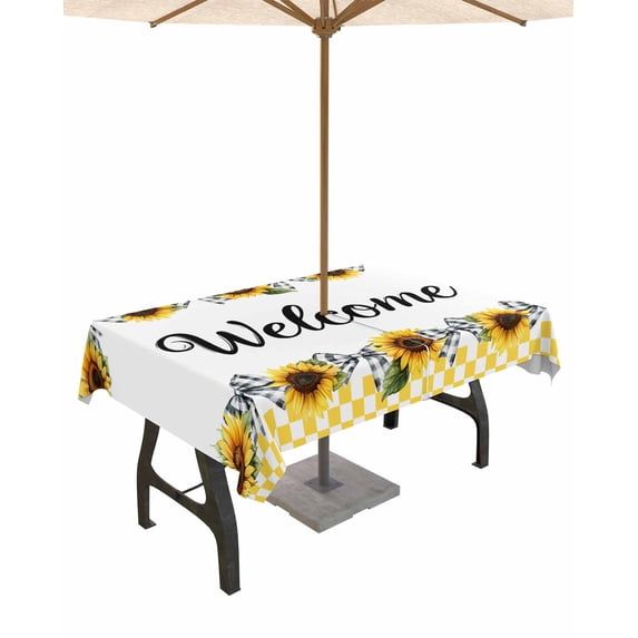 Hokiten Outdoor Tablecloths with Umbrella Hole & Zipper, Spring Sunflower 60 x102 Inch Rectangle Tablecloths, Yellow Plaid Bows Country Rustic Waterproof Table Cloth, Patio/Pool/Picnic Table Covers