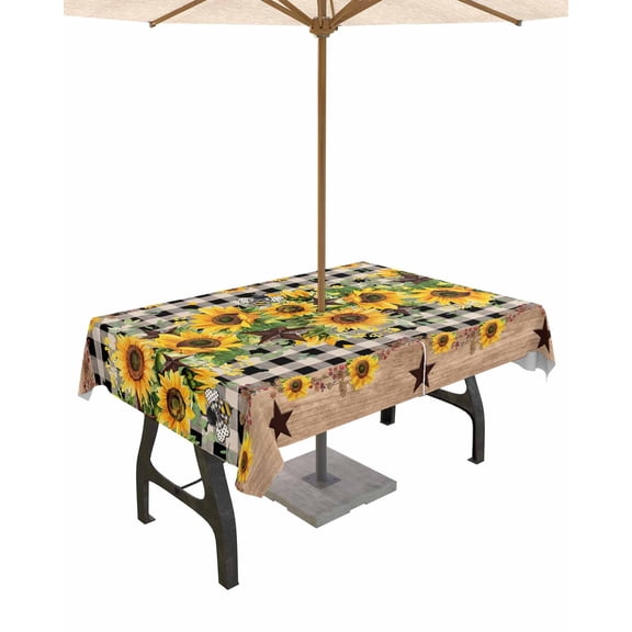 Hokiten Outdoor Tablecloths with Umbrella Hole & Zipper, Spring Sunflower Rectangle Tablecloth 52x70 Inch, Checkered Star Farmhouse Retro Waterproof Table Cloth, Patio/Pool/Picnic Table Covers