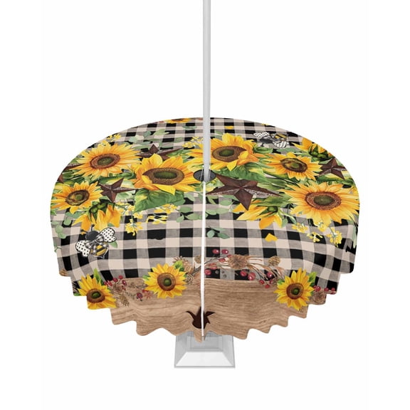 Hokiten Outdoor Tablecloths with Umbrella Hole & Zipper, Spring Sunflower Round Tablecloths 60 Inch, Checkered Star Farmhouse Retro Waterproof Table Cloth, Patio/Pool/Picnic Table Covers