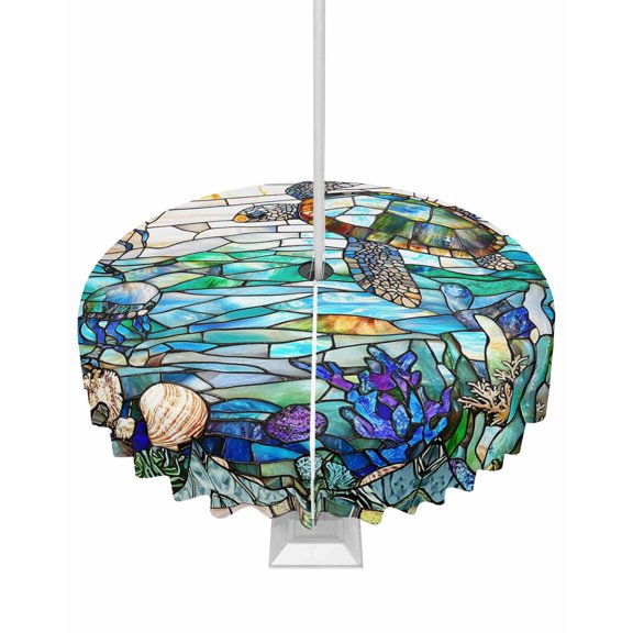 Hokiten Outdoor Tablecloths with Umbrella Hole & Zipper, Stained Glass Sea Turtle Round Tablecloth 54 Inch, Summer Coastal Ocean Jellyfish Waterproof Table Cloth, Patio/Pool/Picnic Table Covers