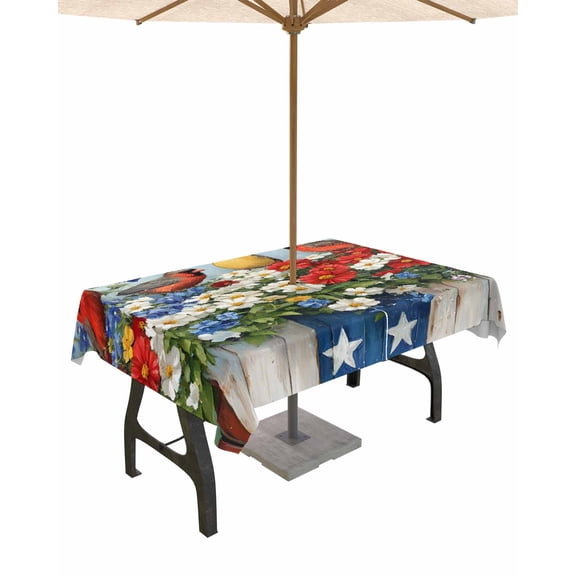 Hokiten Outdoor Tablecloths with Umbrella Hole & Zipper, Star Stripe Flag Rectangle Tablecloth 60x120 Inch, Patriotic Red Blue Poppy Flower Bird Waterproof Table Cloth, Patio/Pool Table Covers