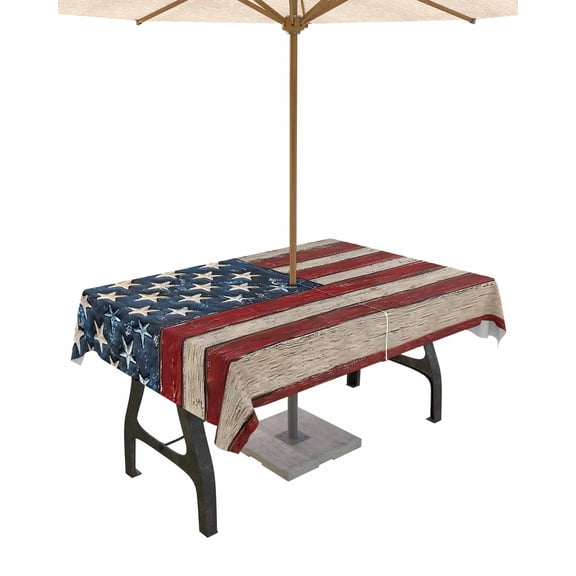 Hokiten Outdoor Tablecloths with Umbrella Hole & Zipper, Star Striped Flag Rectangle Tablecloth 52x70 Inch, Vintage Wood Grain Abstract Red Blue Waterproof Table Cloth, Patio/Pool Table Covers