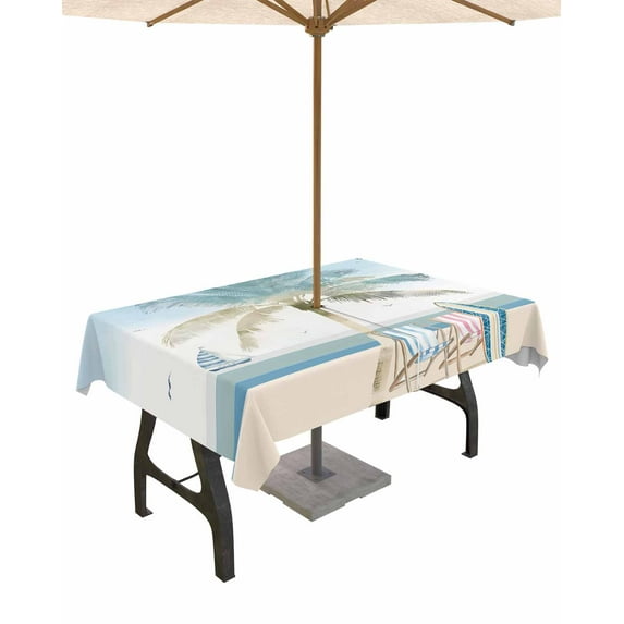 Hokiten Outdoor Tablecloths with Umbrella Hole & Zipper, Summer Beach Chair 54x80 Inch Tablecloth Rectangle, Coastal Palm Trees Canoeing Waterproof Table Cloth, Patio/Pool/Picnic Table Covers